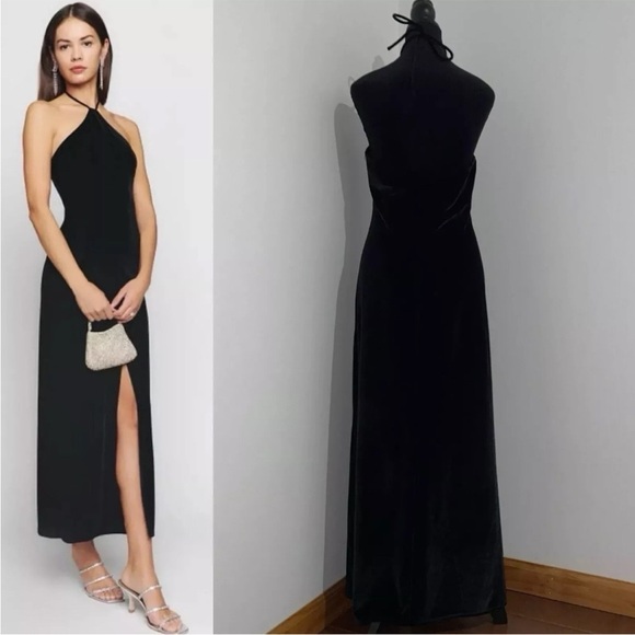 Reformation- Black Nyla Velvet Halter Dress Backless Thigh High Slit Size Large - Picture 2 of 15